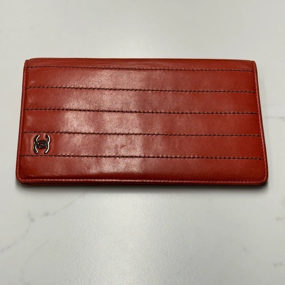🔥🔥🔥Chanel Vintage Orange Red Leather Wallet + Box + COA